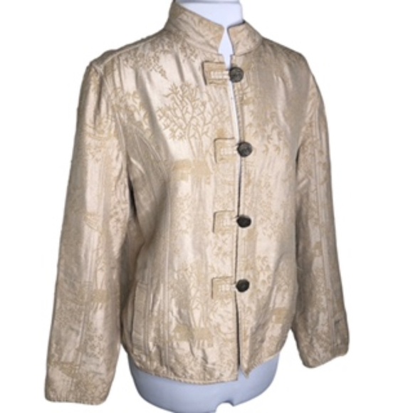 Chico's Nehru Collar Loop Buttons Oriental Textured Print Jacket Size 2 - Picture 1 of 7